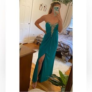 Teal Blue Strapless Prom Dress with Beading